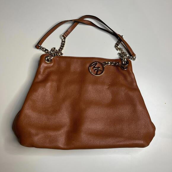 Michael Kors Jet Set Chain Satchel Bag Camel Pebbled Leather Brass Hardware - Picture 1 of 13